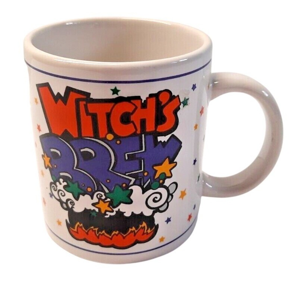 Vintage Witch's Brew Halloween Coffee Mug Cauldron Stars Ceramic Tea Cup White